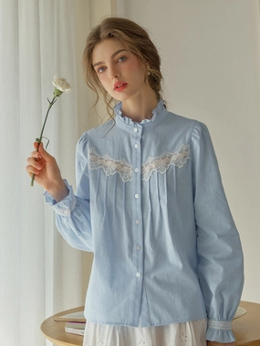 Ultraviolet Protection ??Final Sale??Kitty Wavy Stand Collar Lace Blouse - Blue