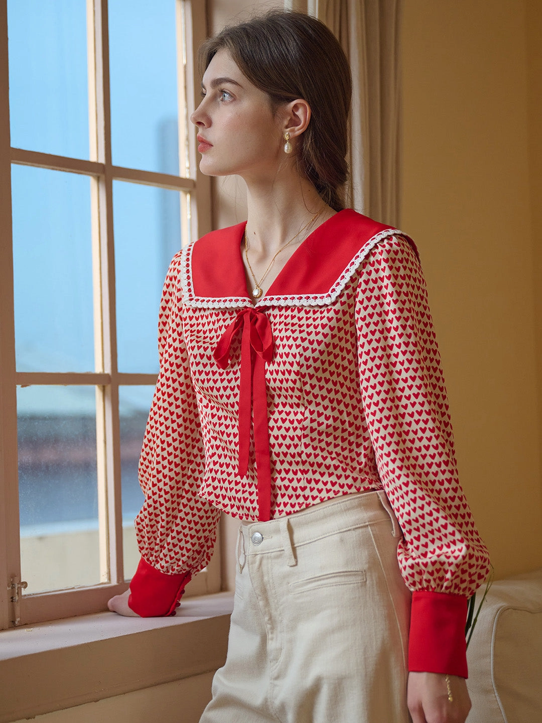 Modular Attachment System ??Final Sale??Liberty Navy Collar Contrasting Bow Heartcore Blouse