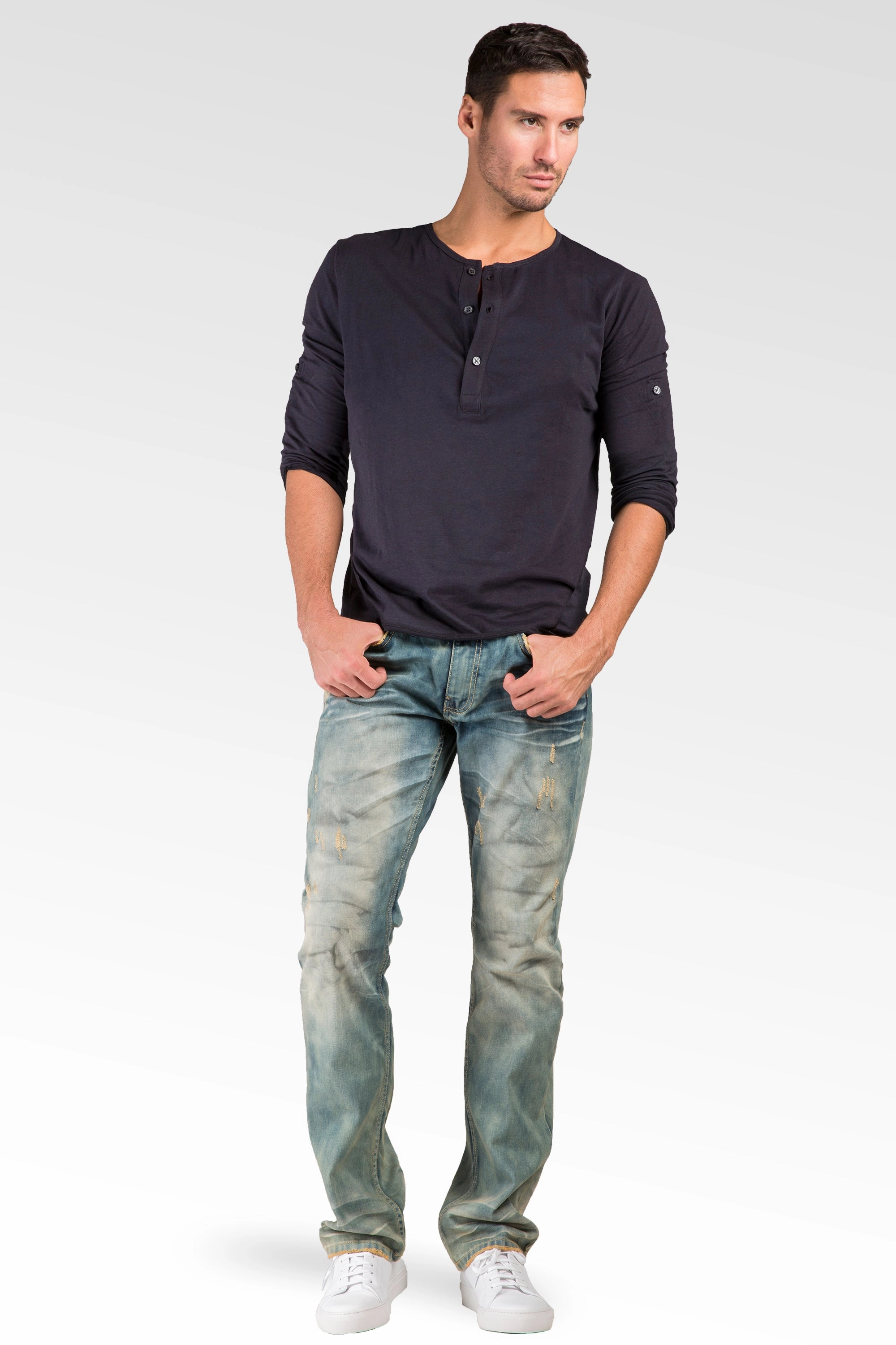 MinimalistDesign ElasticWaistband Slim Straight Clouded Mojave Blue Premium Denim Signature 5 Pocket Jeans Distressed