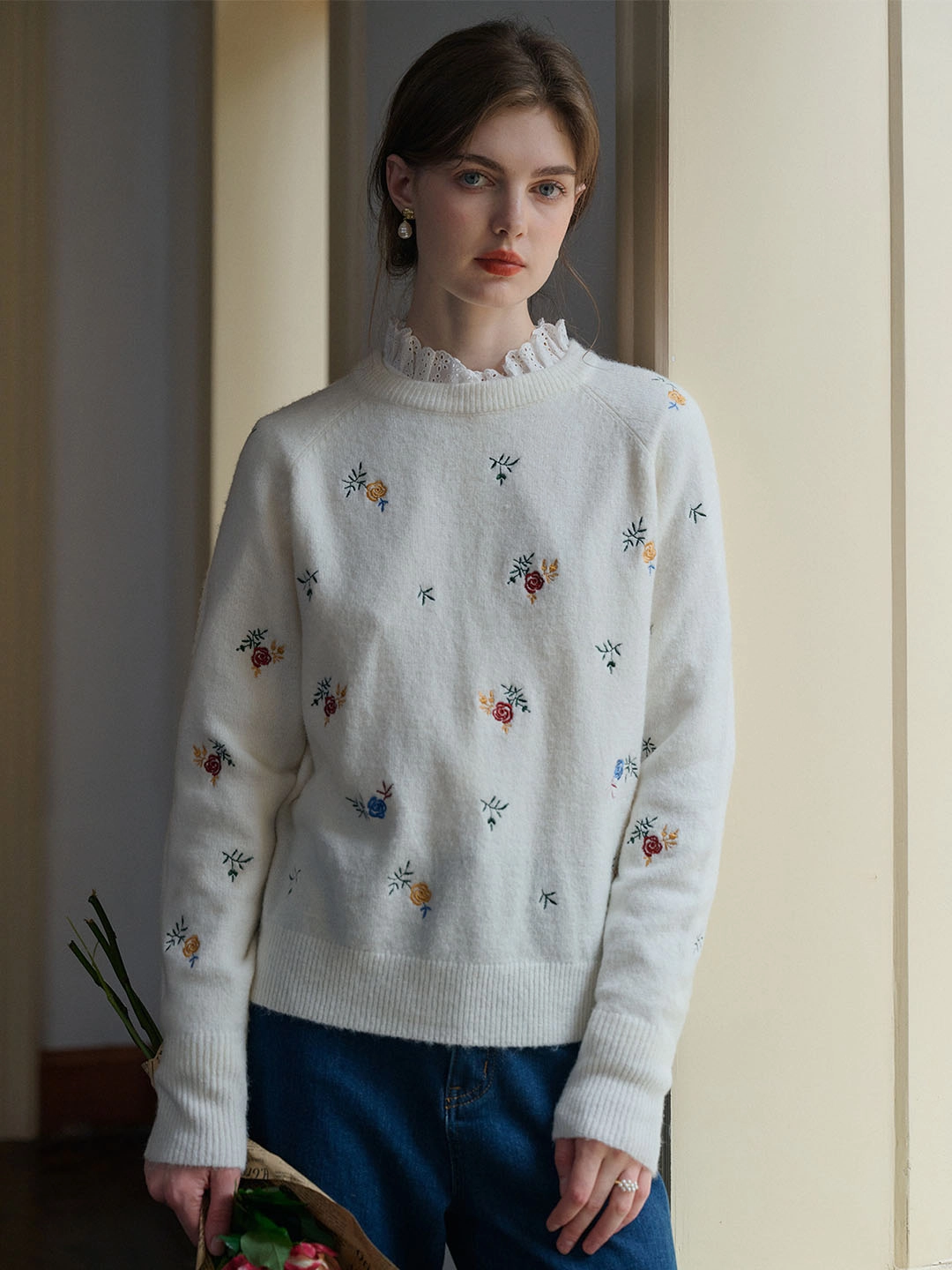 ??Final Sale??Melody Floral Embroidery Raglan Sleeve Sweater ThermalRegulation