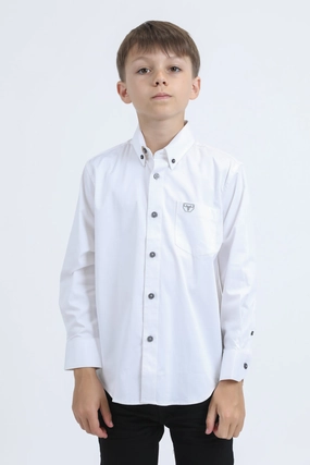 Kid??s Single Pocket Logo Modern Fit Stretch White Dress Shirt Checkered Style