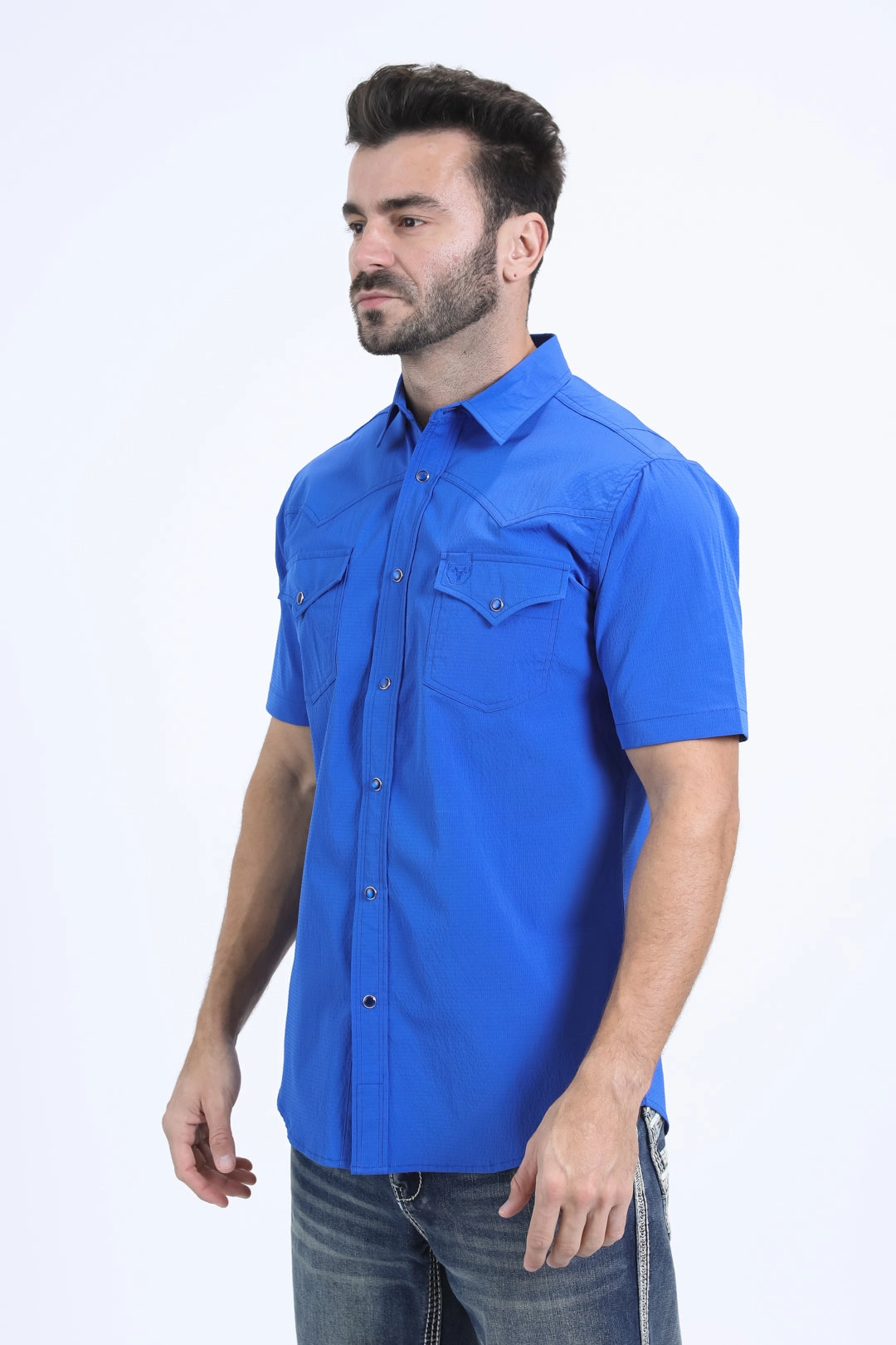 Men's Performance Western Short Sleeve Royal Blue Shirt Multi Layer Stitching Unique Design