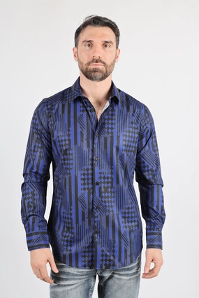Easy Fit Simple Elegance Mens Modern Fit Stretch Foiled Navy Long Sleeve Shirt