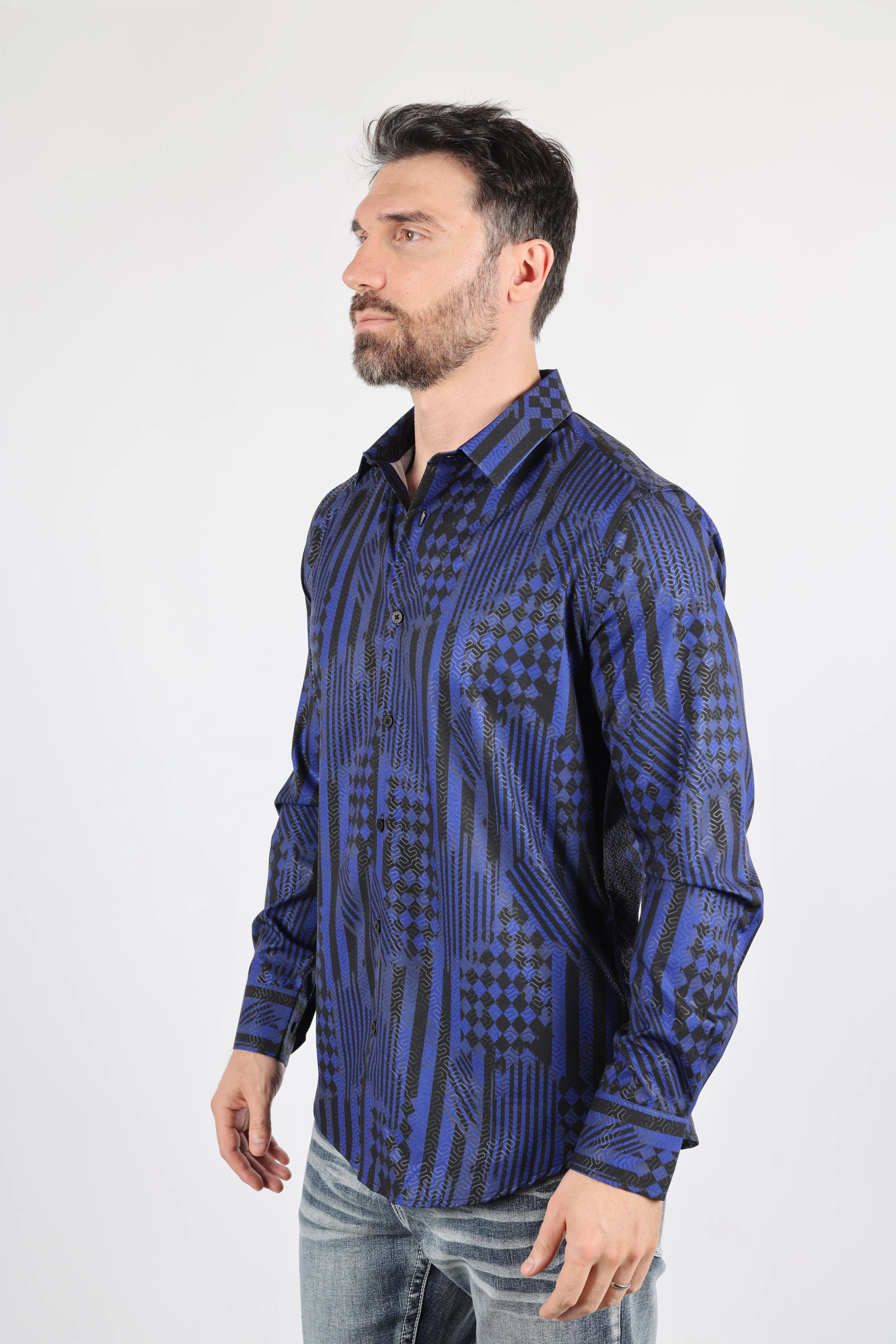 Timeless Comfort Multi Pocket Design Mens Modern Fit Stretch Foiled Navy Long Sleeve Shirt