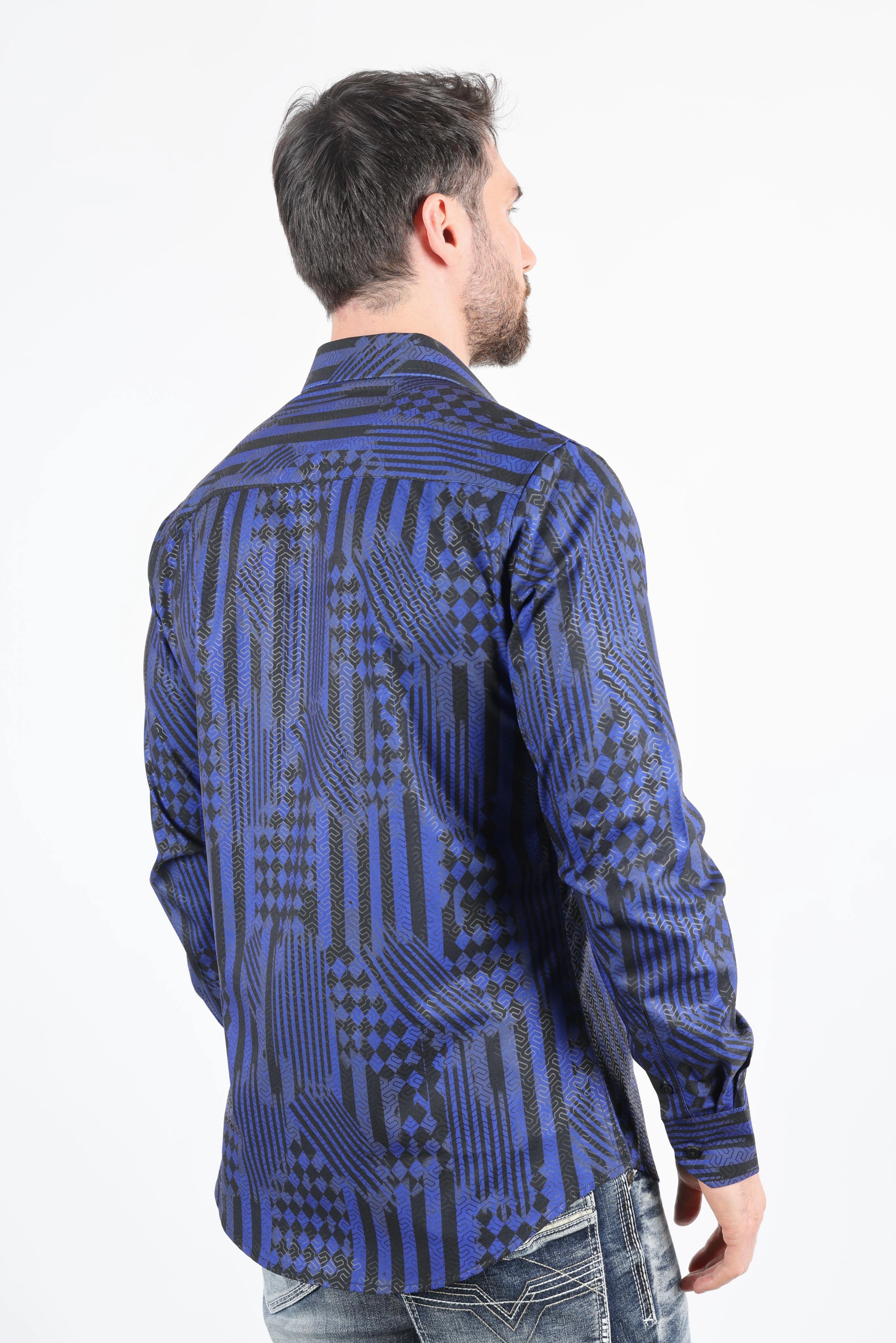 Mens Modern Fit Stretch Foiled Navy Long Sleeve Shirt Street Style Sustainable Dye Process