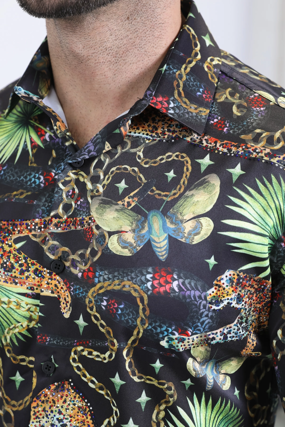 Mens Satin Digital Print Black Shirt with Rhinestones Applique Polo Style