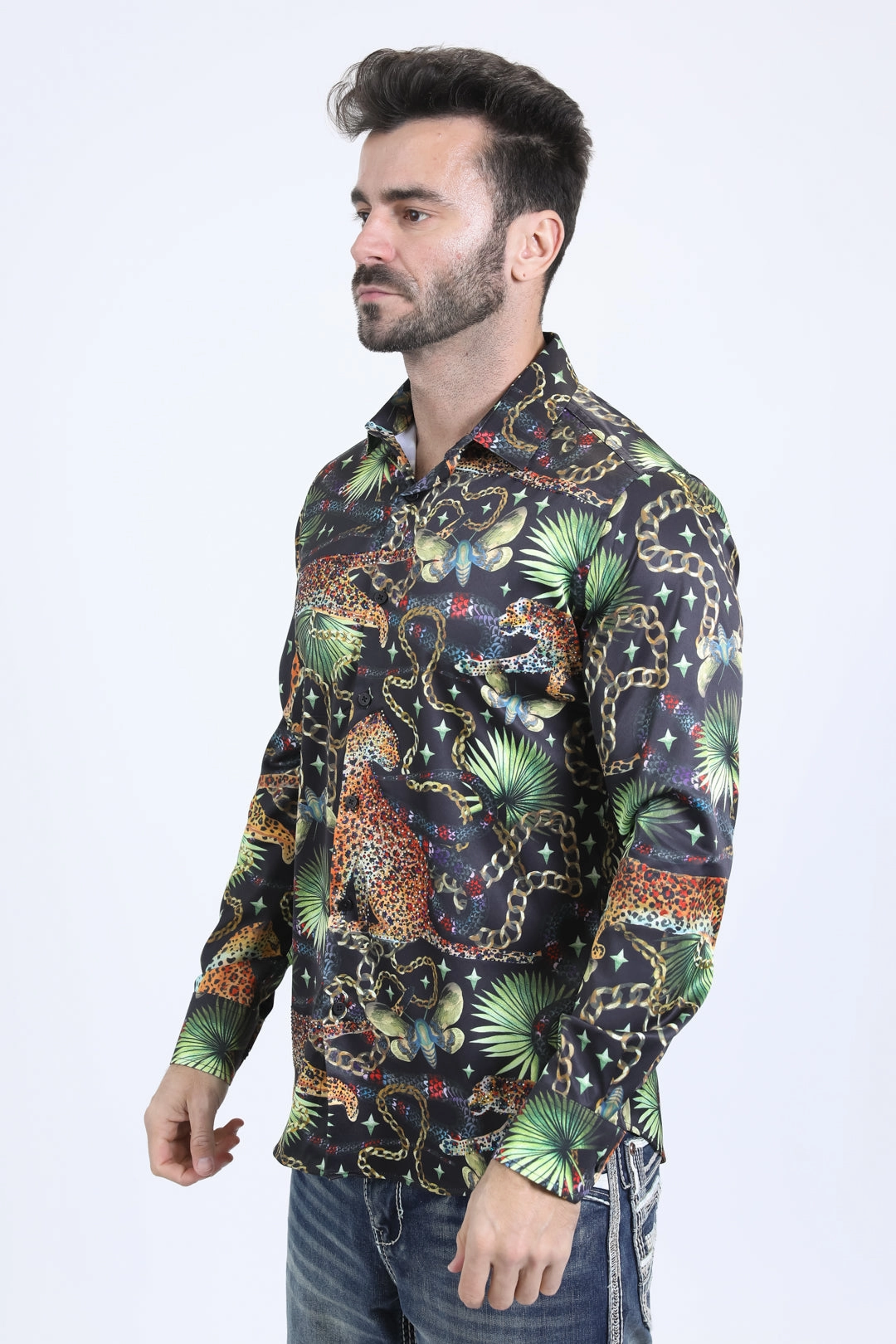 High Neck Twill Weave Mens Satin Digital Print Black Shirt with Rhinestones Applique