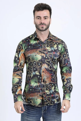 Mens Satin Digital Print Black Shirt with Rhinestones Applique Hooded Neckline Versatile Piece