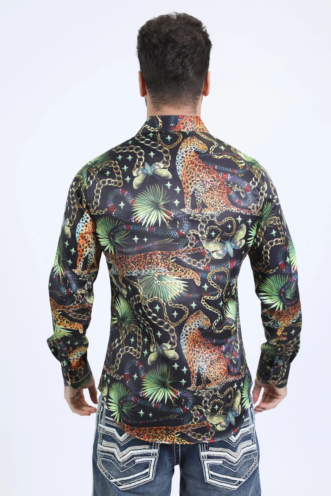 Mens Satin Digital Print Black Shirt with Rhinestones Applique Breathable Style