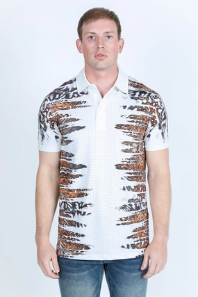 Mens Modern Fit Stretch Baroque Print Polo with Rhinestones Perfect Comfort Quick Fit