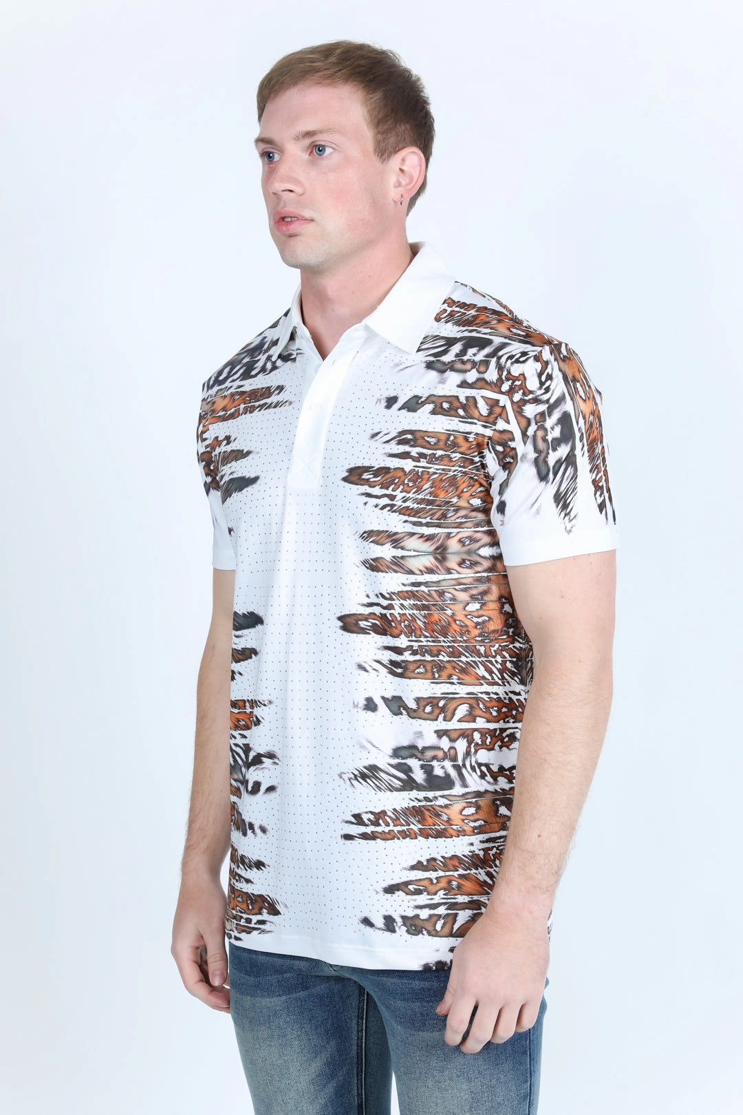 Flexible Comfort Relaxed Layering Mens Modern Fit Stretch Baroque Print Polo with Rhinestones