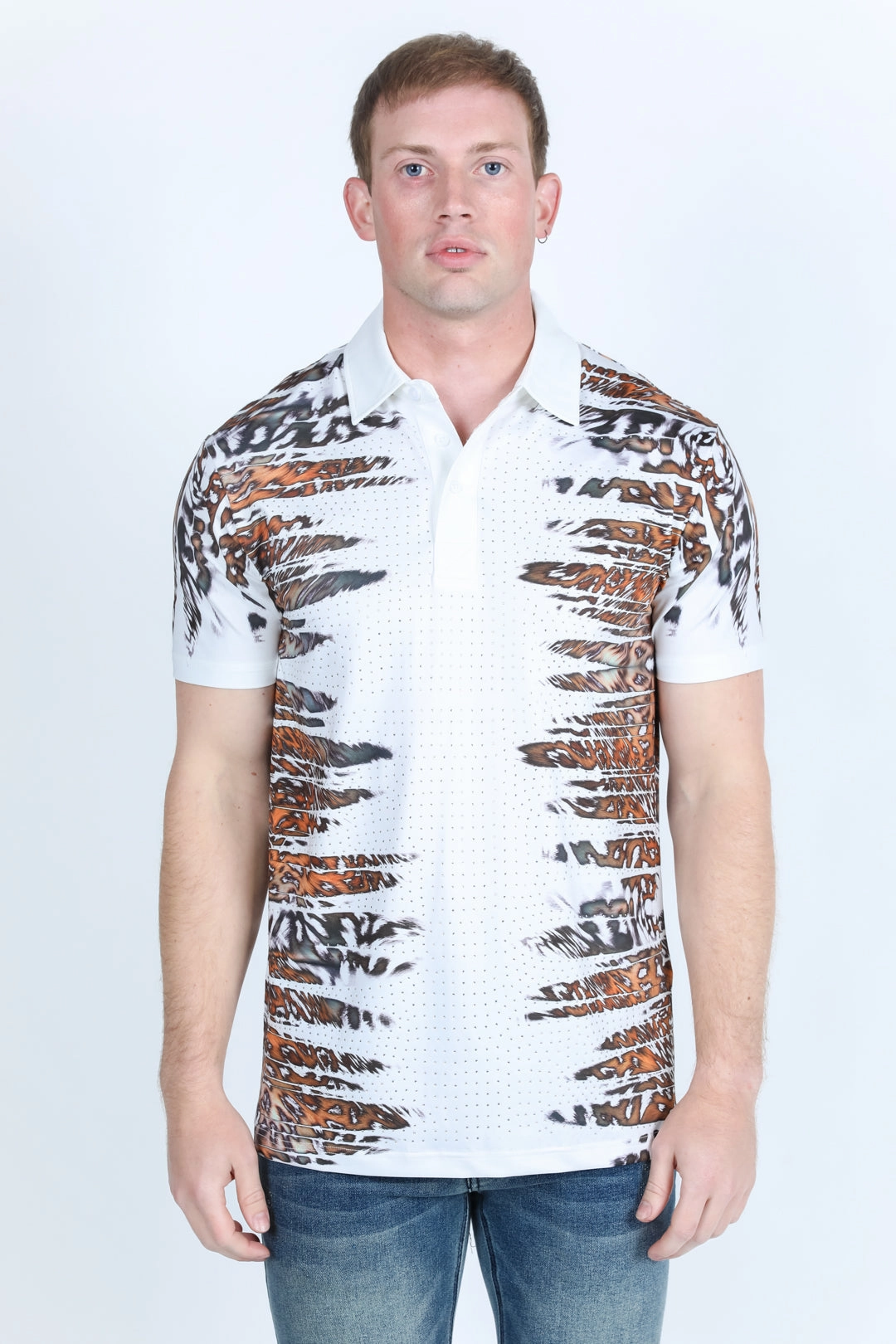Mens Modern Fit Stretch Baroque Print Polo with Rhinestones Perfect Comfort Quick Fit