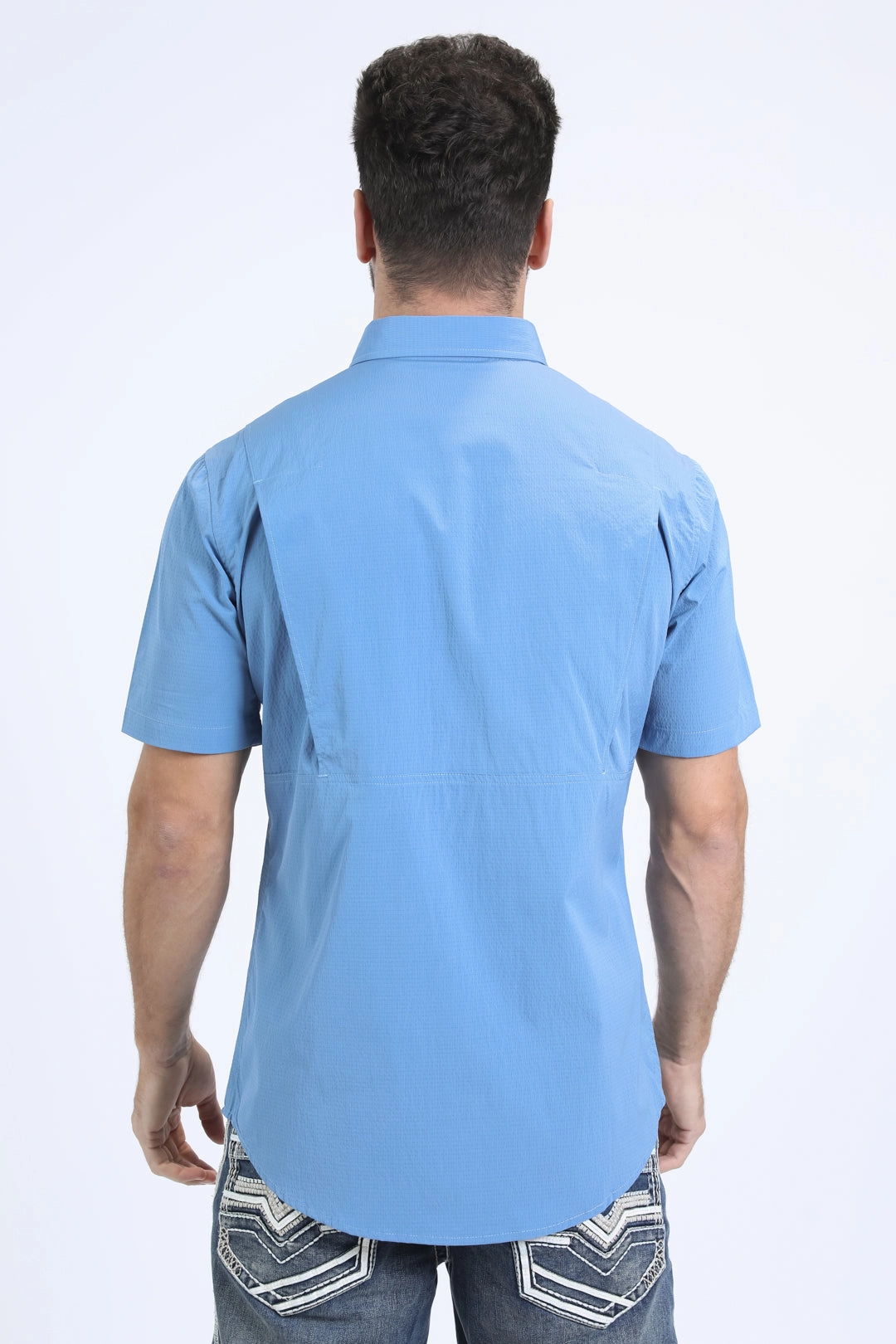 Simple Layer Laser Cut Edge Detail Men's Performance Western Short Sleeve Lt. Blue Shirt
