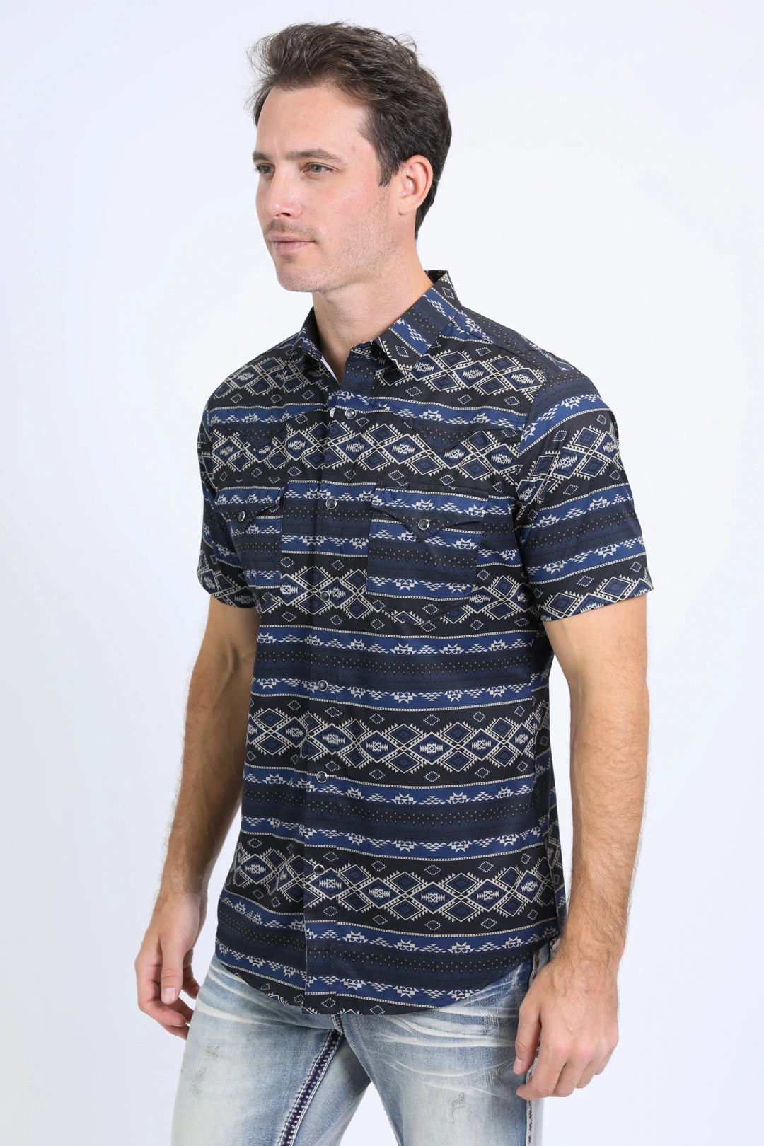 Mens Performance Western Short Sleeve Aztec Print Black Shirt Anniversary Special Relaxed Design