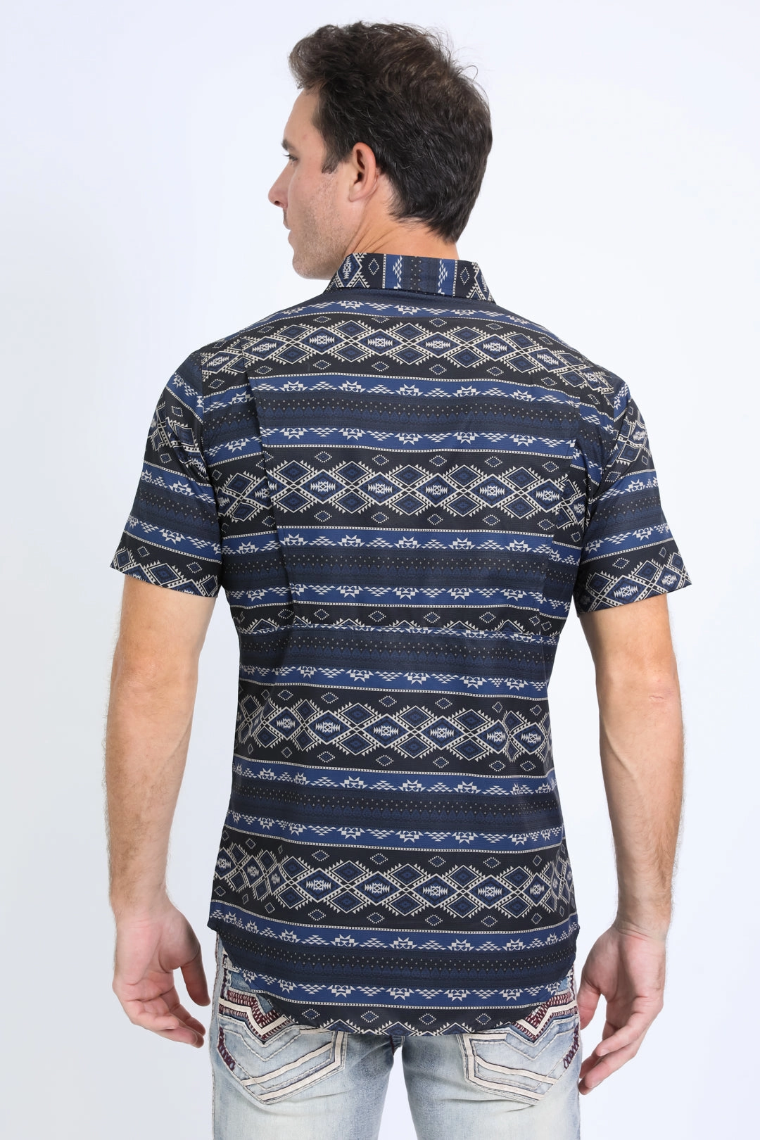 Mens Performance Western Short Sleeve Aztec Print Black Shirt Geometric Print Sustainable production