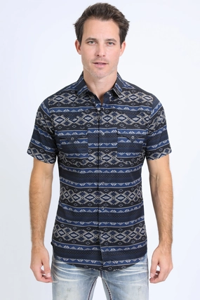 Mens Performance Western Short Sleeve Aztec Print Black Shirt Coffee Run
