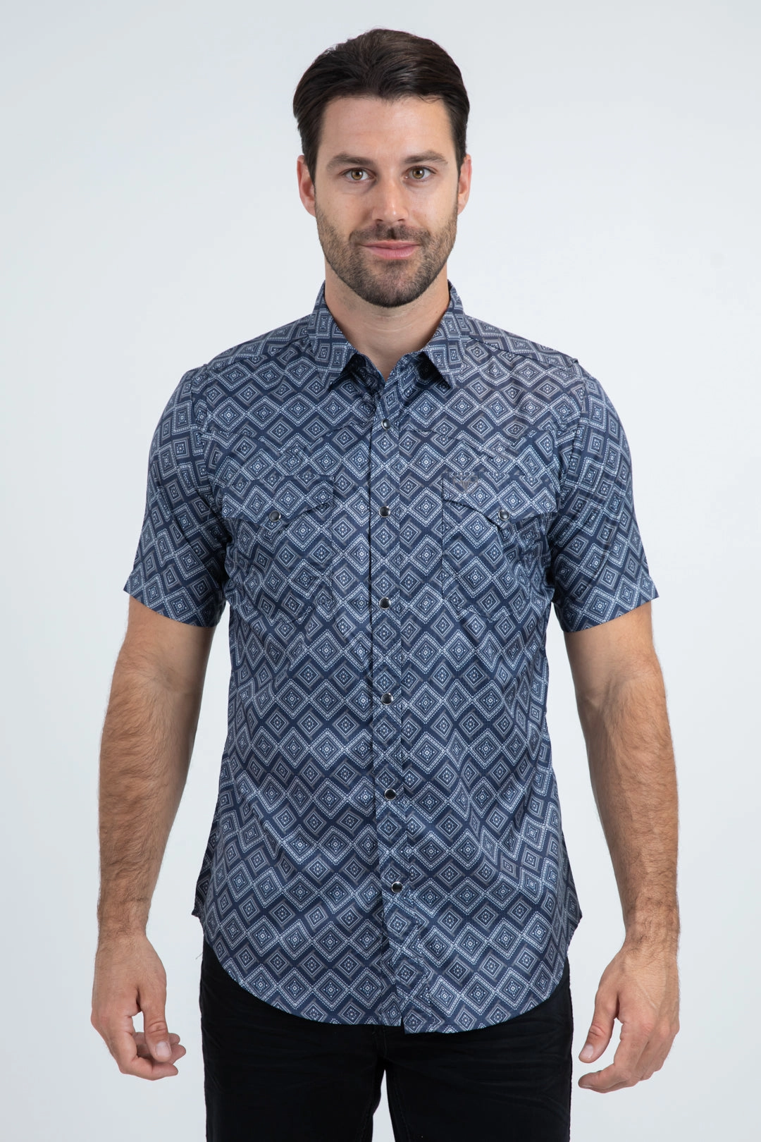 Breathable Design Mountain Escape Men's Performance Western Short Sleeve Navy Shirt