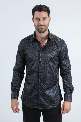Trendy Layer Comfort Fit Mens Modern Fit Stretch Foil Fashion Black Shirt