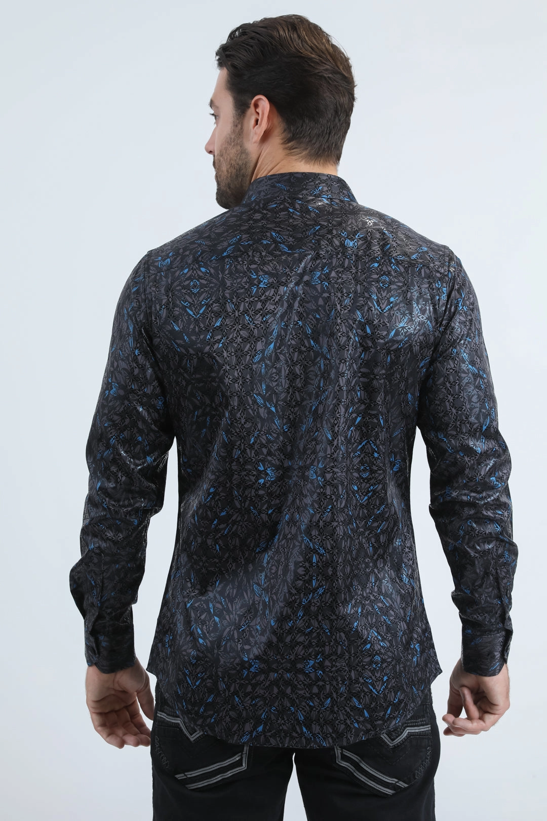 Mens Modern Fit Stretch Foil Fashion Black Shirt elegant design Street Chic