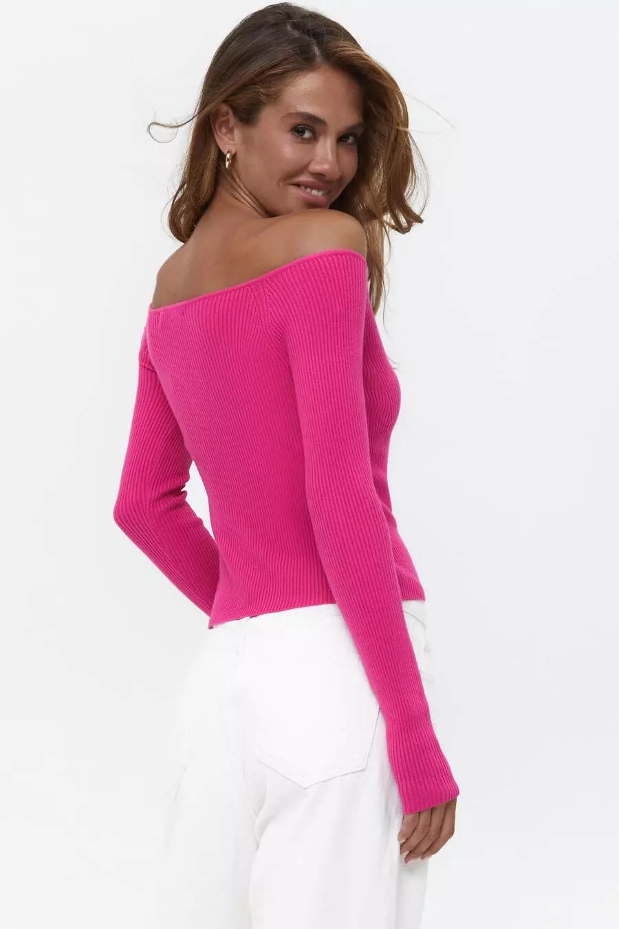 Magenta Pink Sweetheart Neckline Ribbed knit Long Sleeve Crochet
