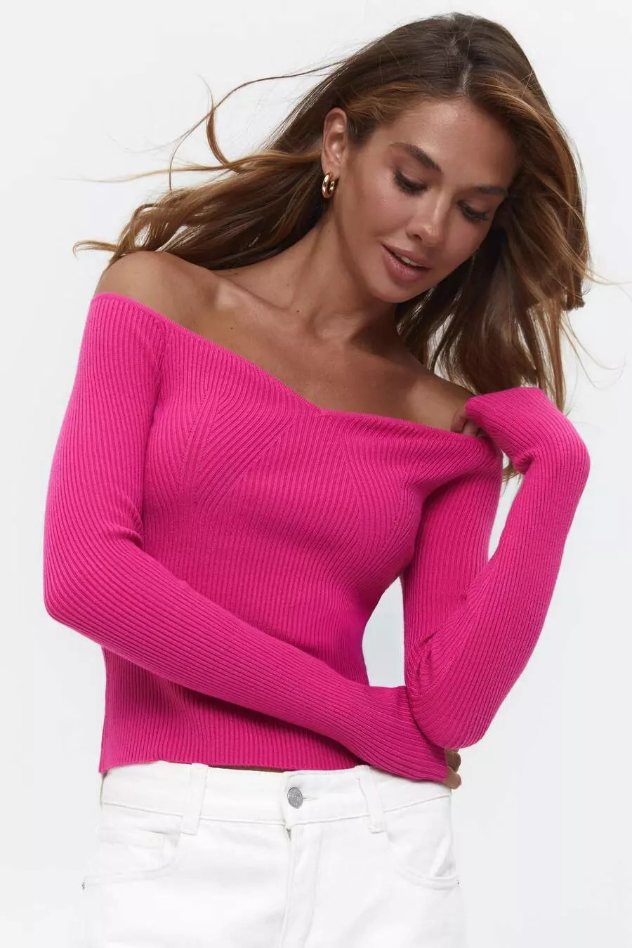 belt Curtain Magenta Pink Sweetheart Neckline Ribbed knit Long Sleeve