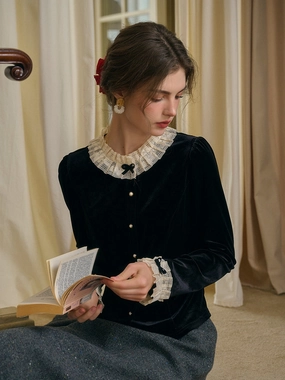 Glow Core Azaria Round Collar Contrasting Lace Panel Bow Velvet Top - Black