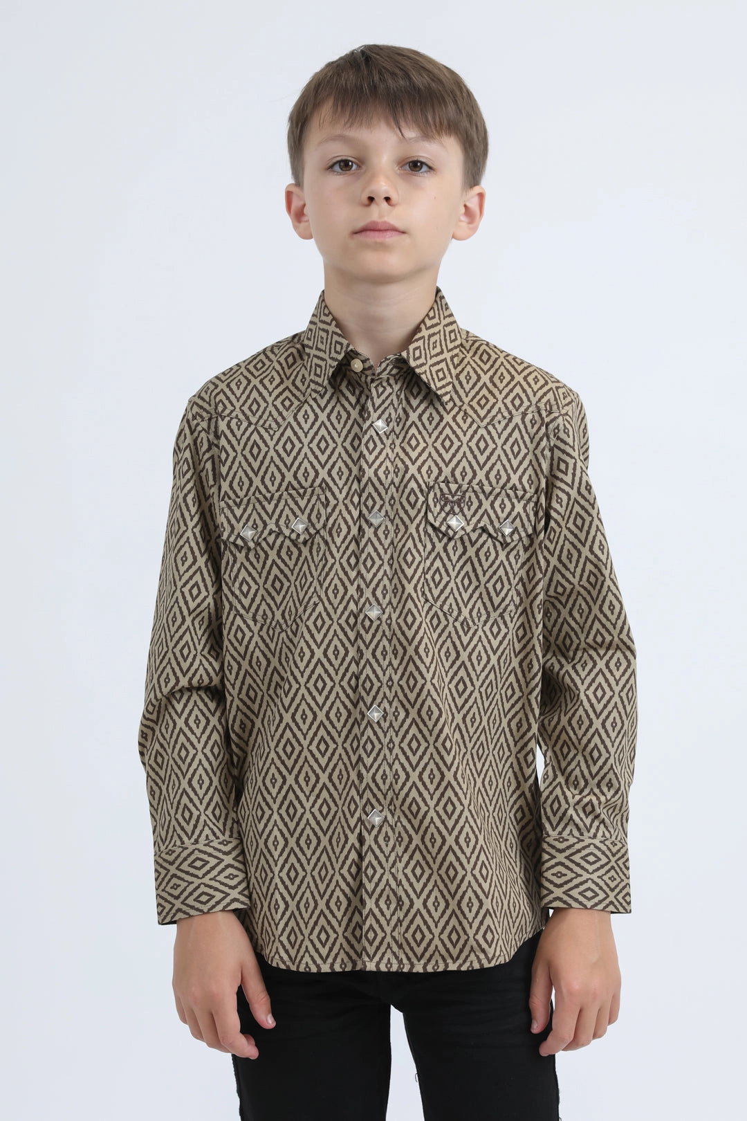 Quality Look Seasonal Comfort Kid's Western Modern Fit Cotton/Spandex Long Sleeve Beige Shirt with Snaps