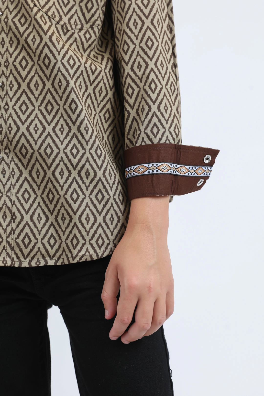 Kid's Western Modern Fit Cotton/Spandex Long Sleeve Beige Shirt with Snaps Weekend Outfit