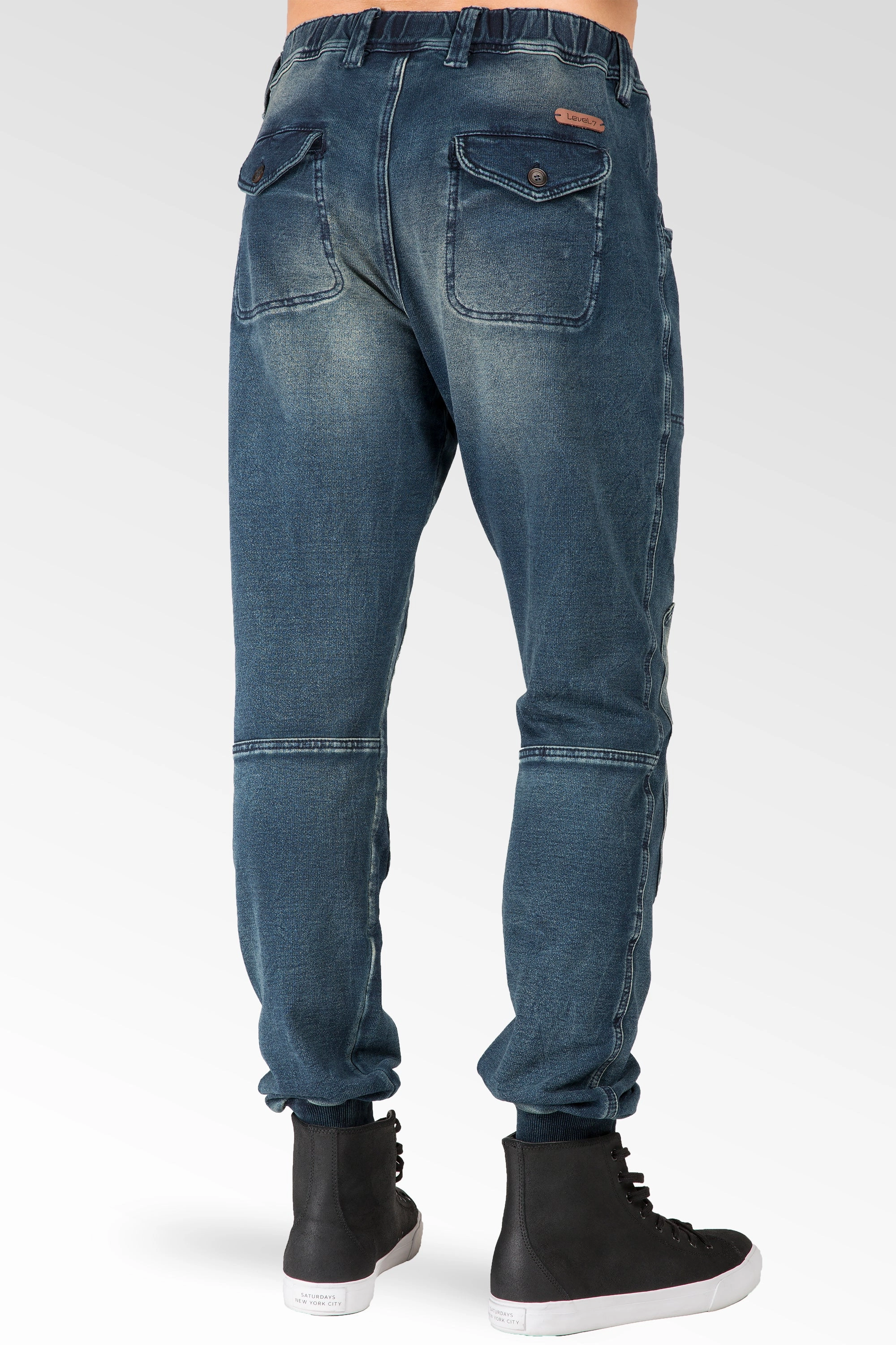 Indigo Premium Knit Denim Jogger Jeans Hand Sanded Knee Patches HighNeckStyle QuickRelease Closures