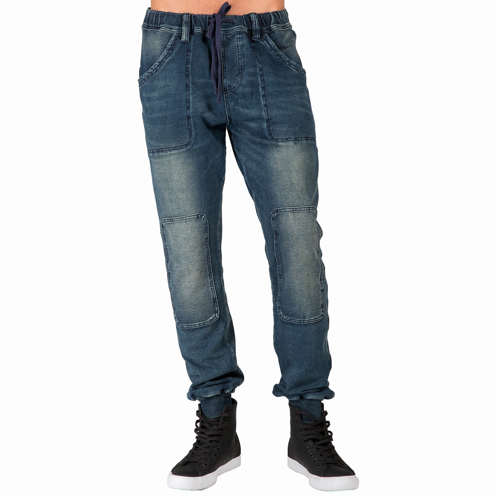 Indigo Premium Knit Denim Jogger Jeans Hand Sanded Knee Patches LowMaintenanceMaterial