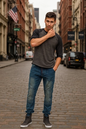 Indigo Premium Knit Denim Jogger Jeans Hand Sanded Knee Patches Plane Mood clean look