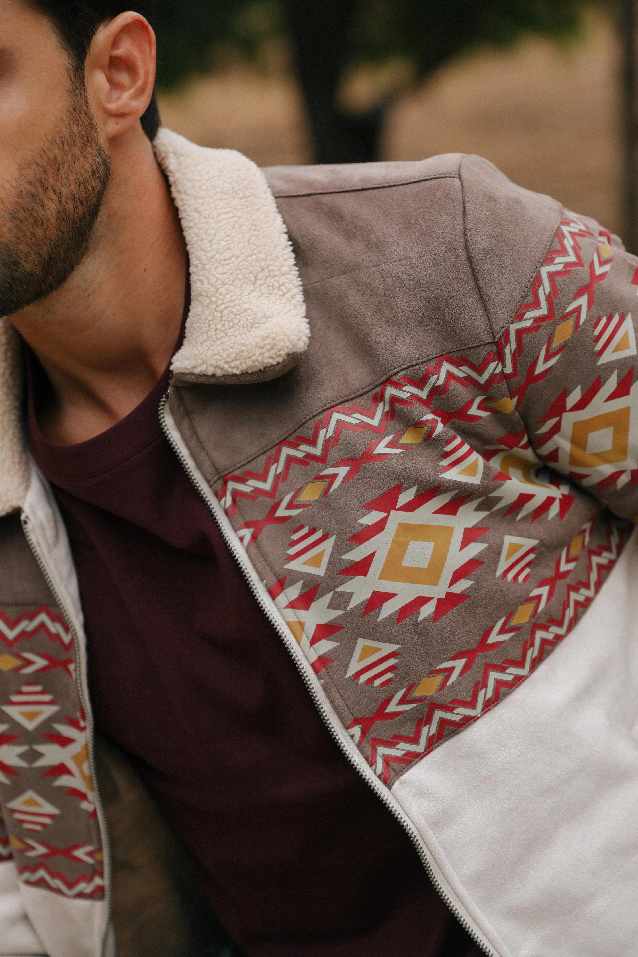 Mens Ethnic Aztec Fur Lined Quilted Suede Beige Jacket Reinforced Edges