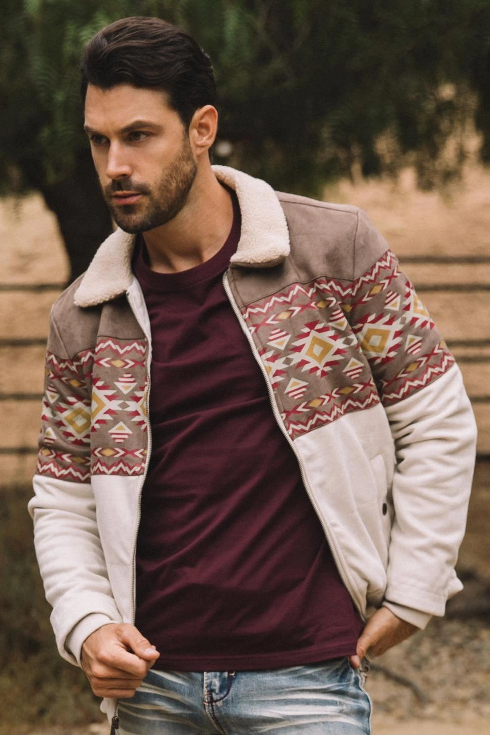 Mens Ethnic Aztec Fur Lined Quilted Suede Beige Jacket Light Wool EcoFriendlyMaterial