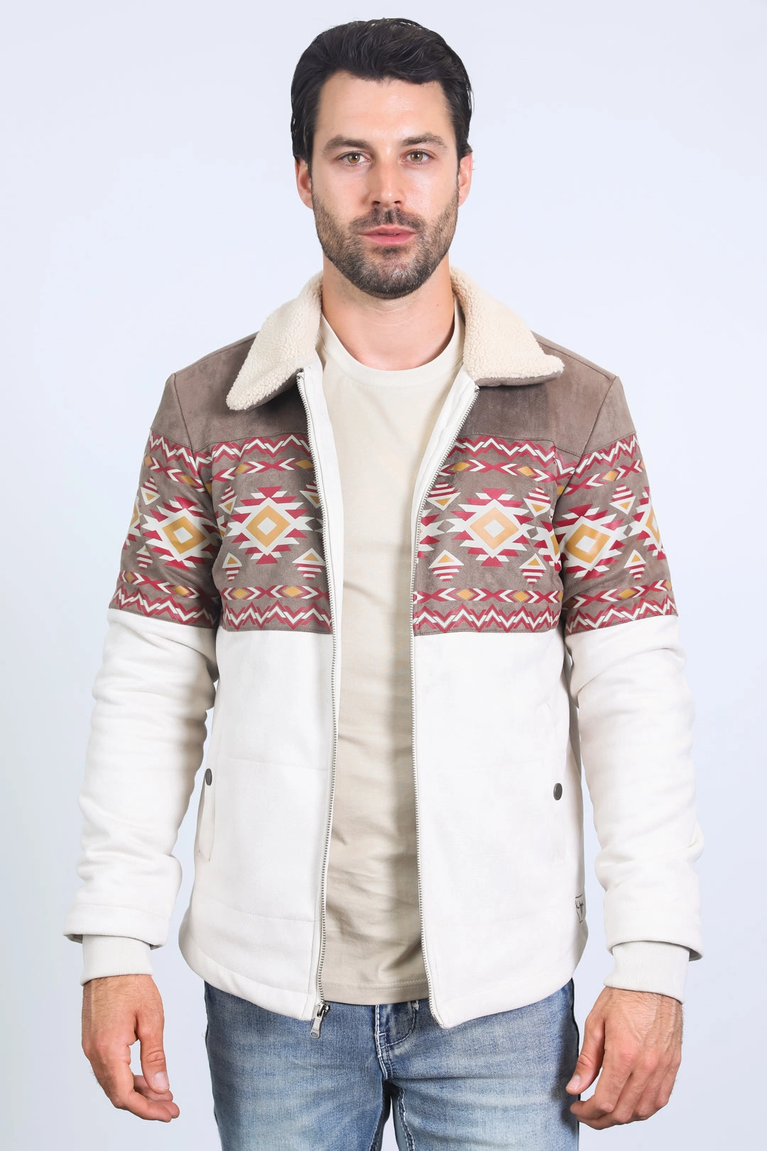 Fine Weave Everyday Comfort Mens Ethnic Aztec Fur Lined Quilted Suede Beige Jacket