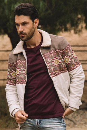 Mens Ethnic Aztec Fur Lined Quilted Suede Beige Jacket Light Wool EcoFriendlyMaterial