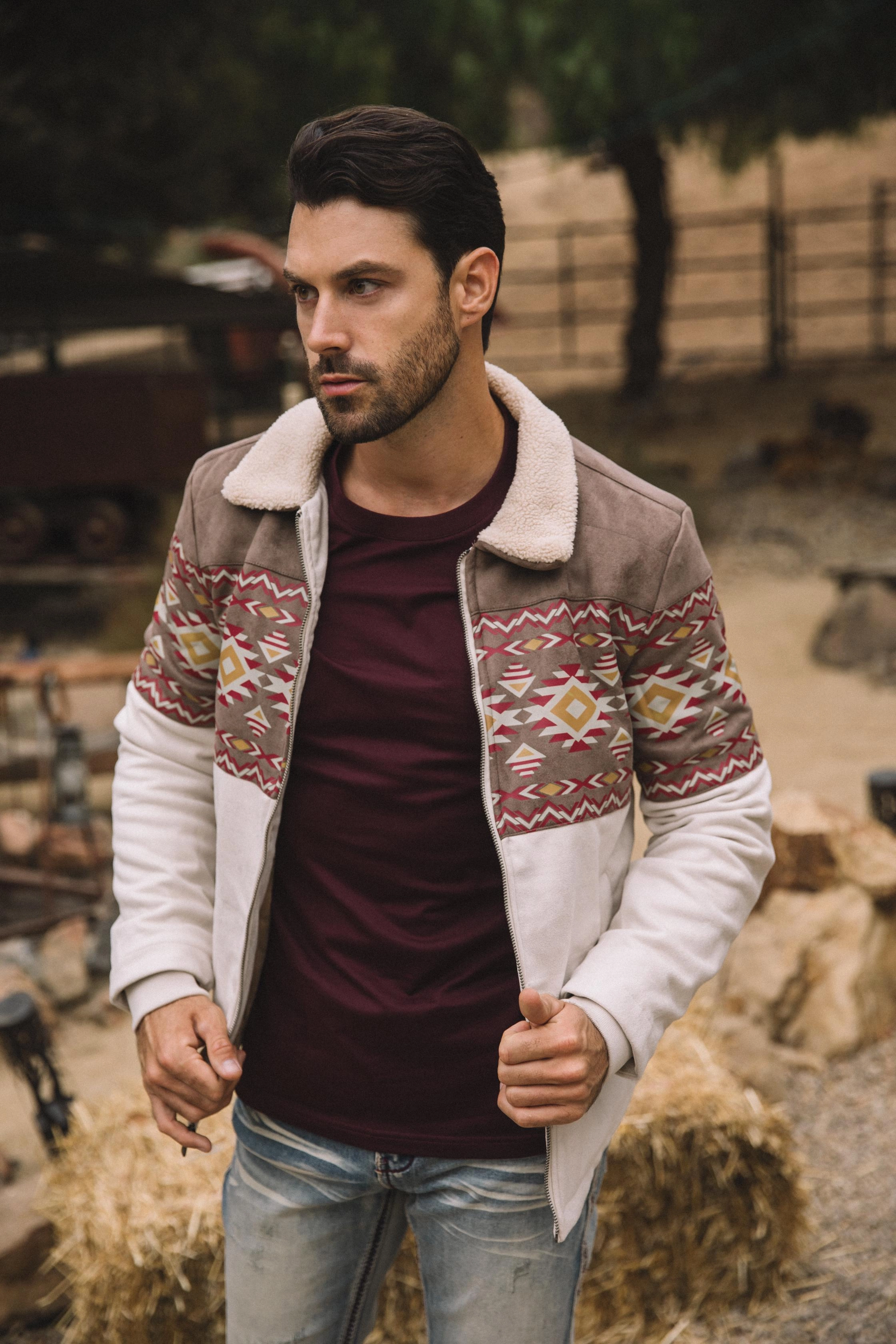 Ventilated Back Panels Mens Ethnic Aztec Fur Lined Quilted Suede Beige Jacket