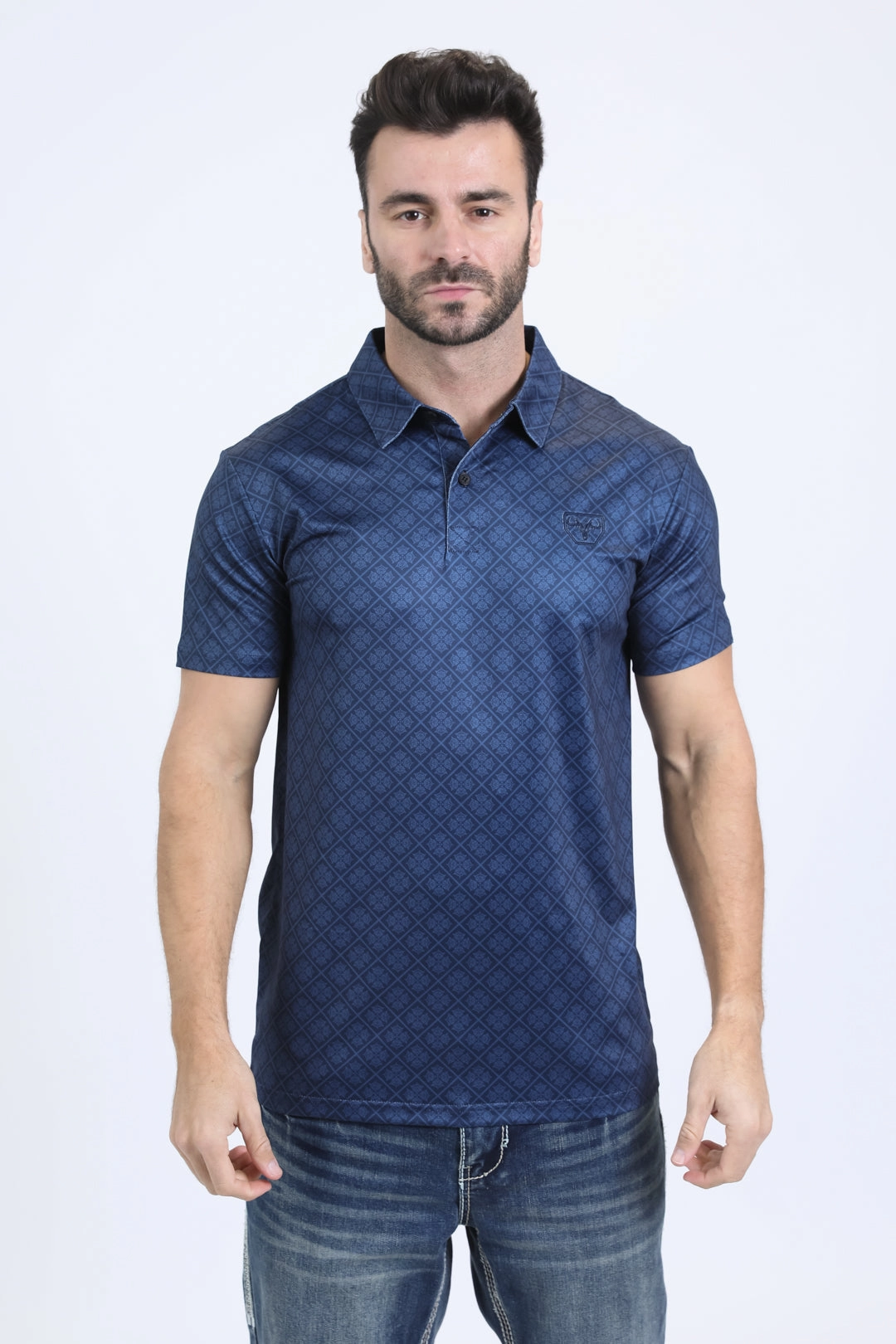 Smart Wearable Mens Performance Fabric Modern Fit Stretch Aztec Print Navy Polo