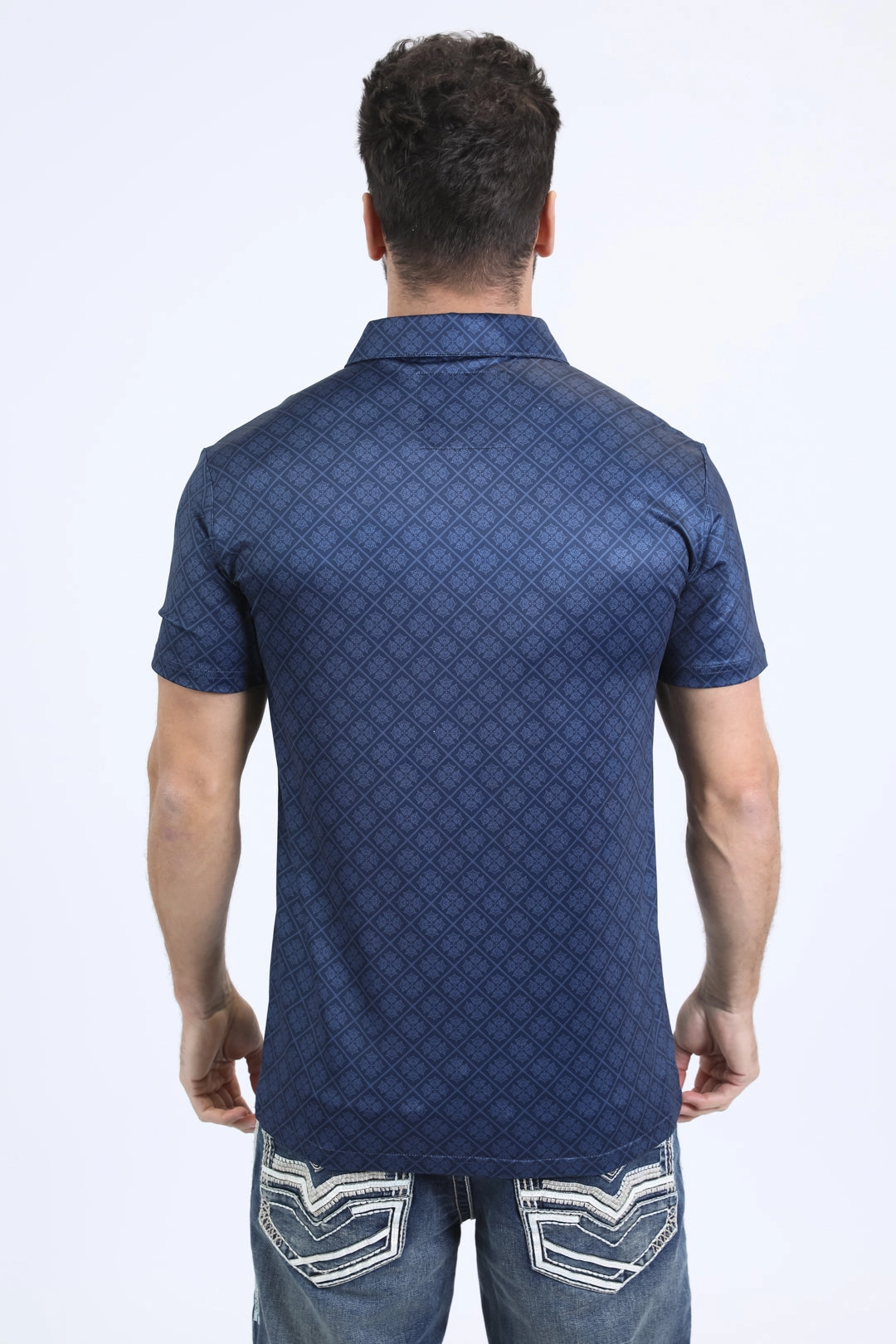 Summer Party Mens Performance Fabric Modern Fit Stretch Aztec Print Navy Polo