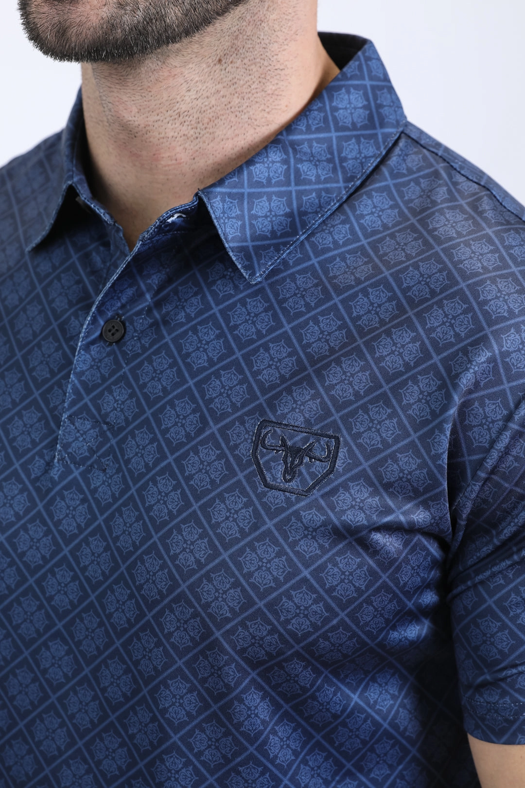 Mens Performance Fabric Modern Fit Stretch Aztec Print Navy Polo Anti Odor Technology