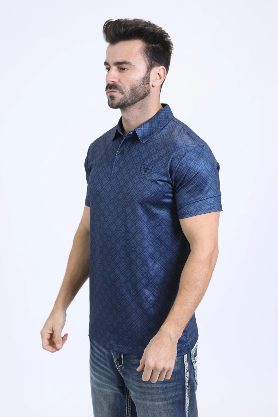 Mens Performance Fabric Modern Fit Stretch Aztec Print Navy Polo Collar Stay Slots