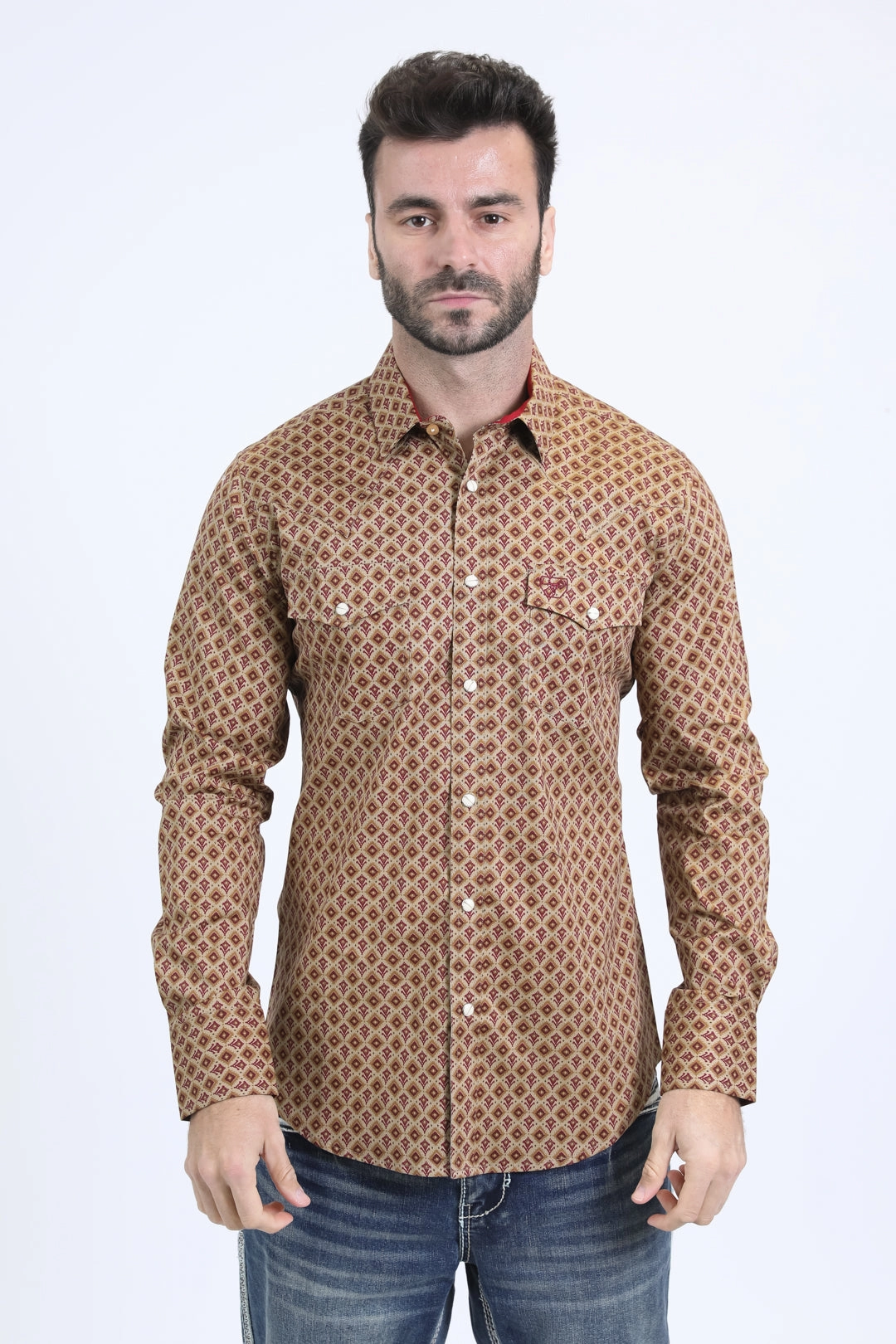 Mens Western Modern Fit Cotton/Spandex Long Sleeve Khaki Shirt with Snaps Flexible Mobility