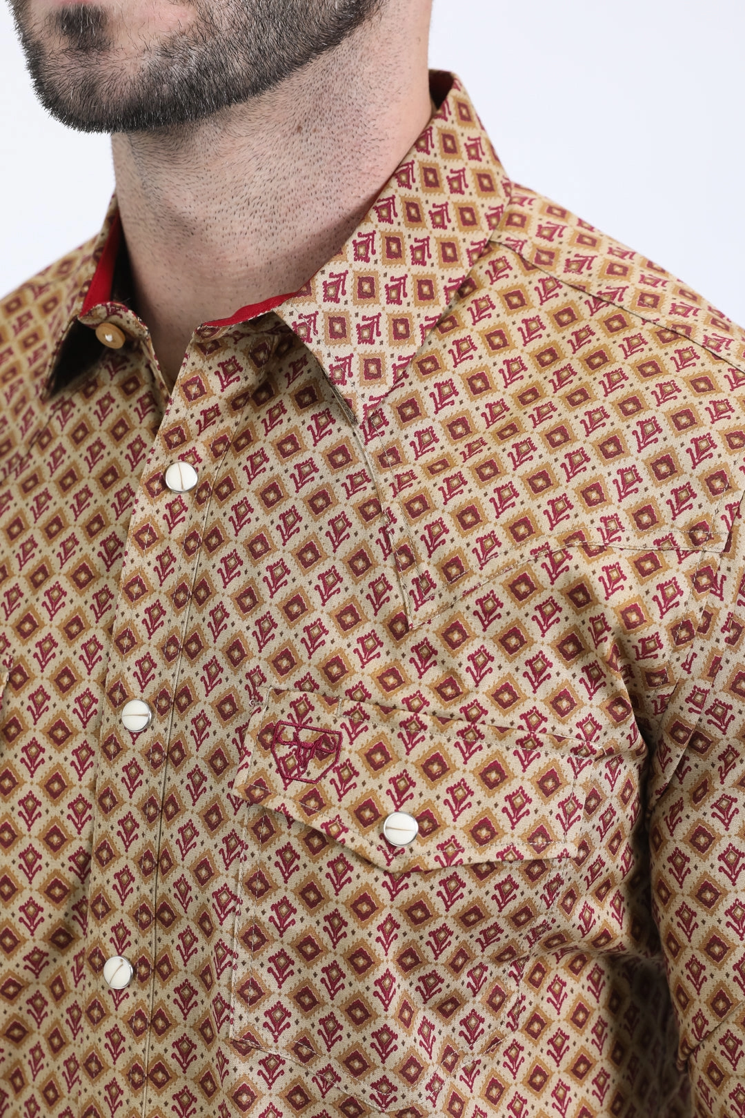 Mens Western Modern Fit Cotton/Spandex Long Sleeve Khaki Shirt with Snaps Comfy Wear