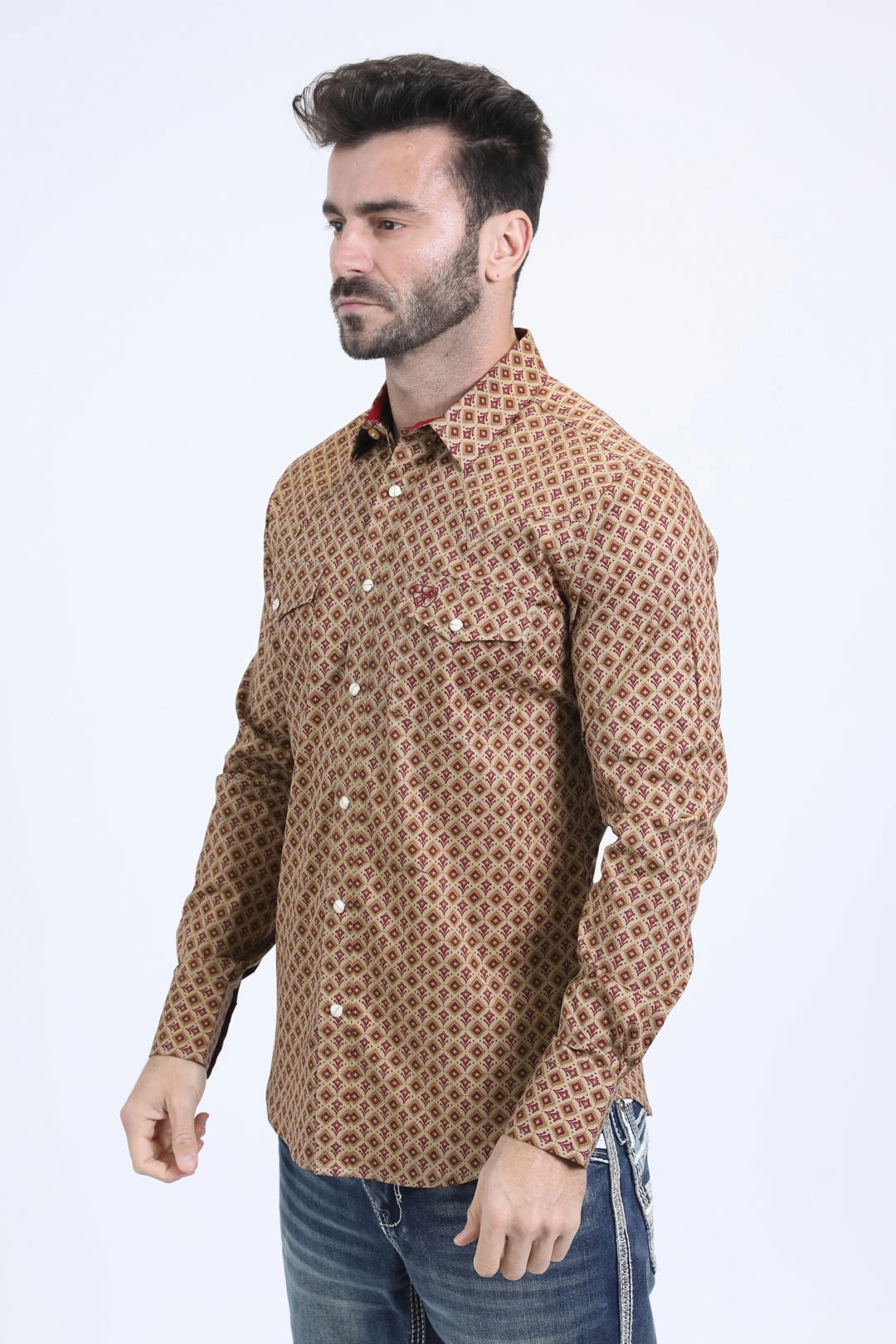 Mens Western Modern Fit Cotton/Spandex Long Sleeve Khaki Shirt with Snaps Casual Elegance