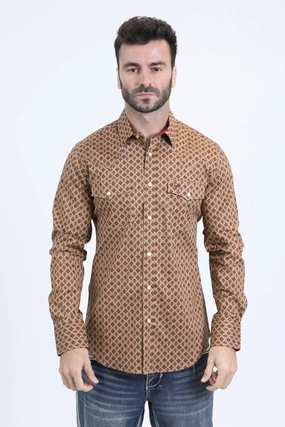 Mens Western Modern Fit Cotton/Spandex Long Sleeve Khaki Shirt with Snaps Flexible Mobility