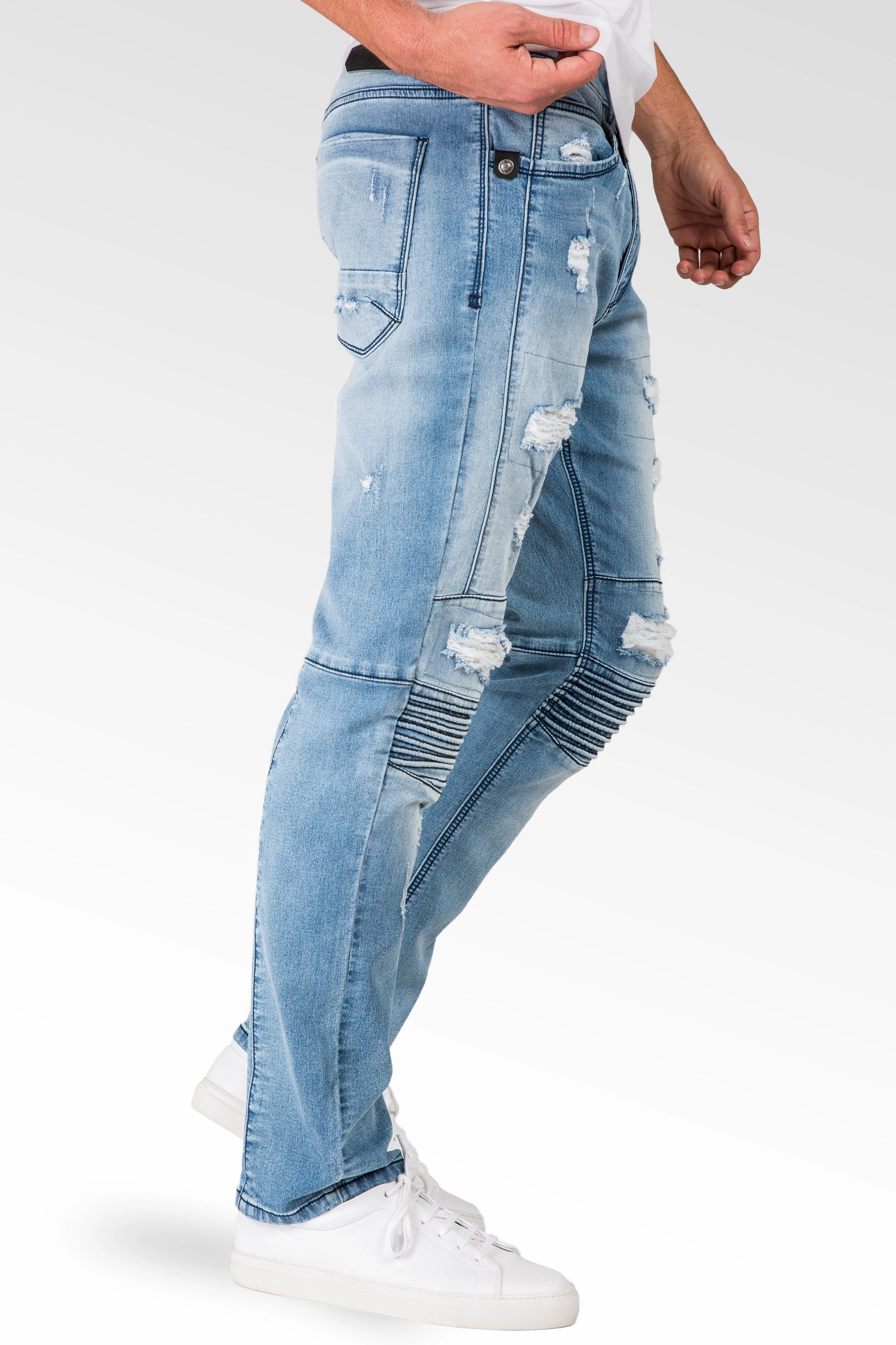 Slim Tapered Leg Premium Knit Denim Bleached Blue Moto Jeans Distressed & Mended Universal Clasp Mechanism Cozy Pajama Pants