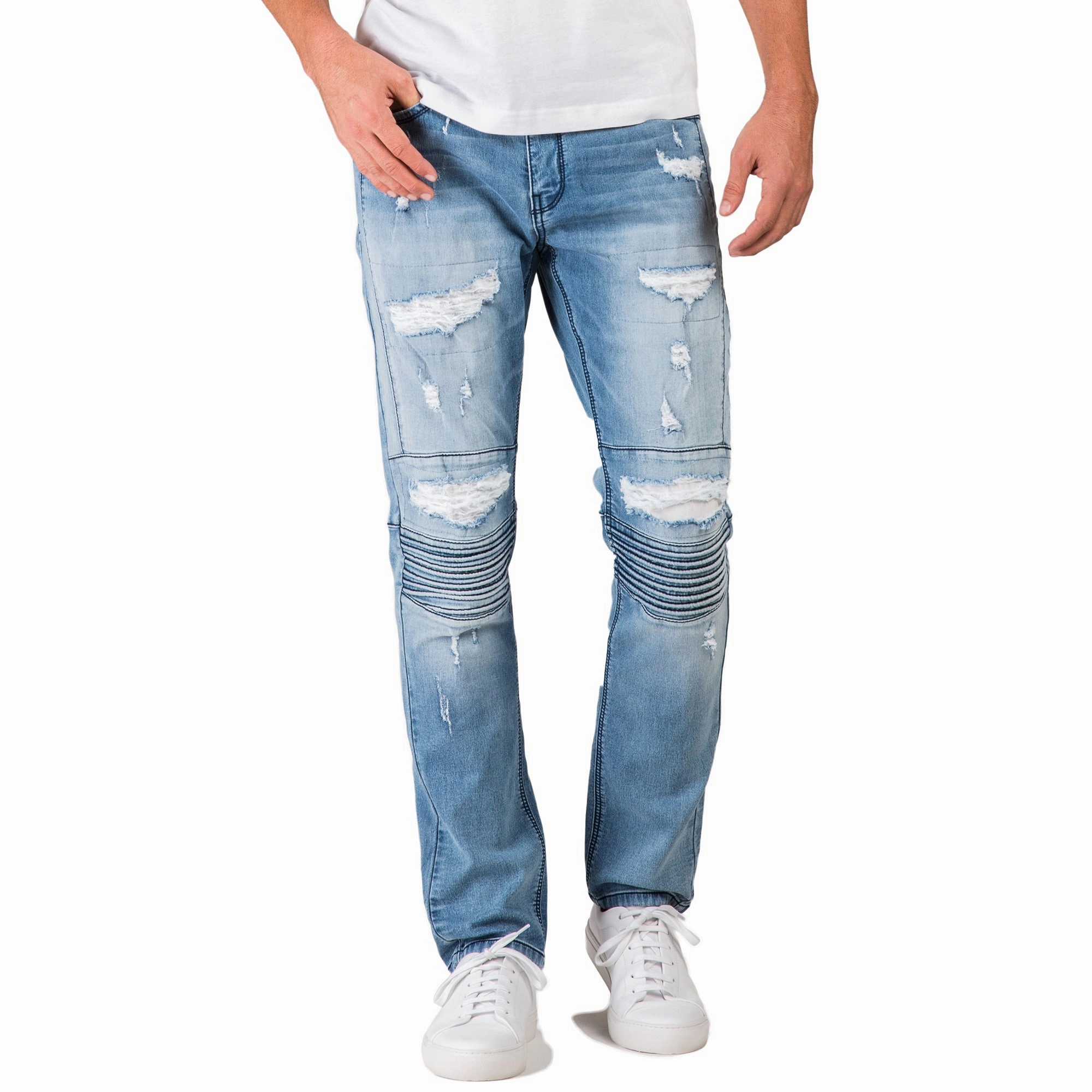 FormFitting Cut Slim Tapered Leg Premium Knit Denim Bleached Blue Moto Jeans Distressed & Mended