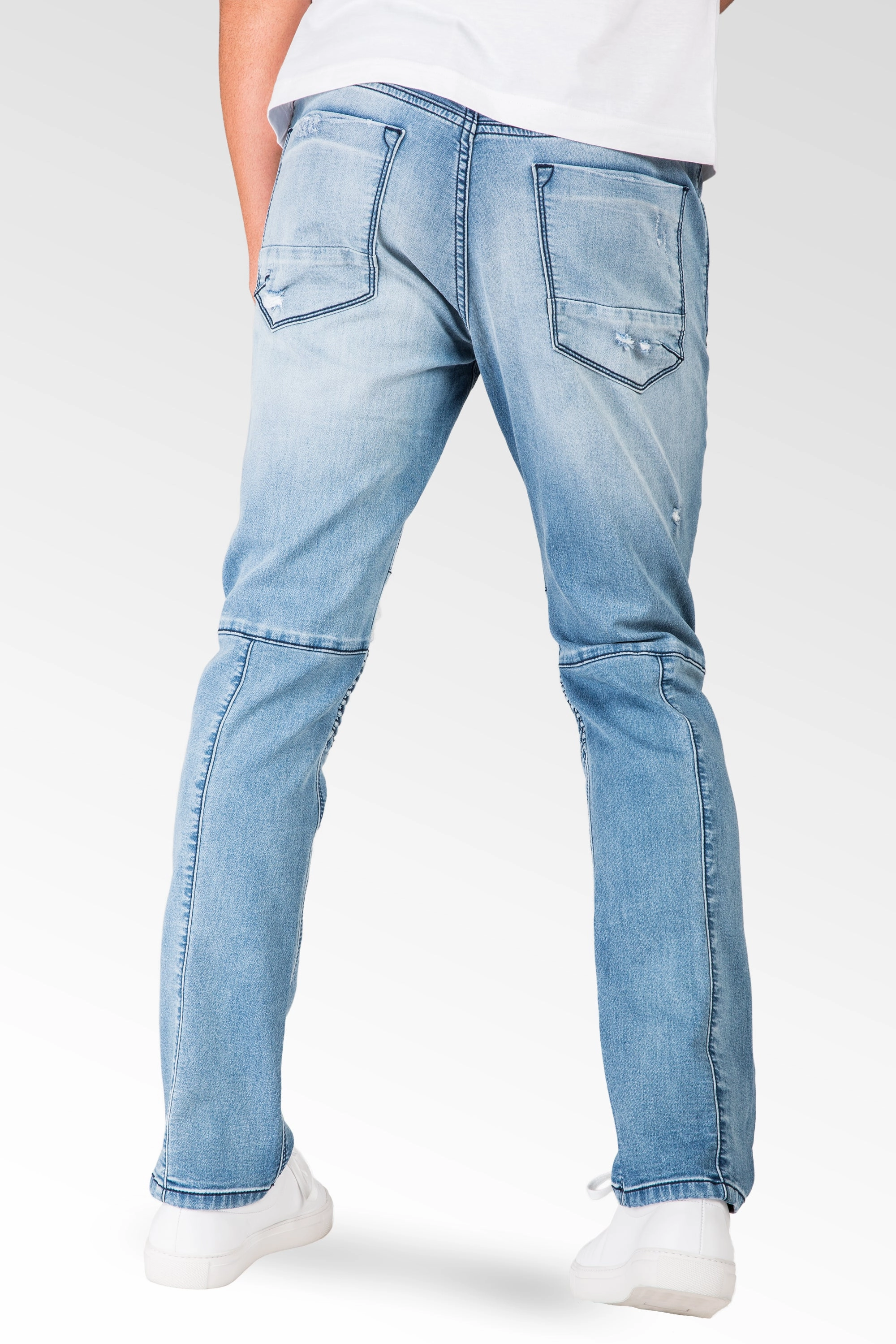Slim Tapered Leg Premium Knit Denim Bleached Blue Moto Jeans Distressed & Mended Parisian Chic