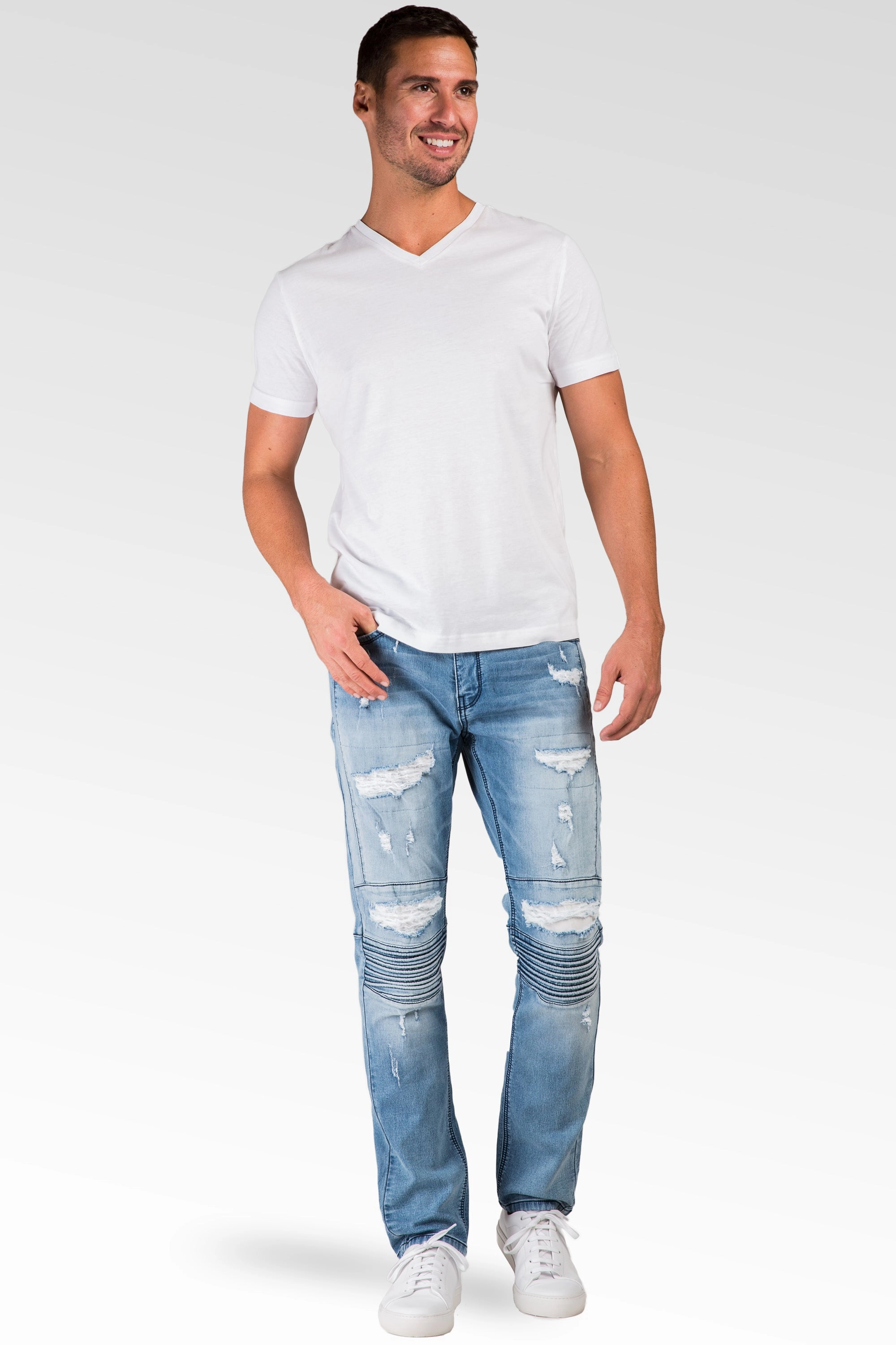 Slim Tapered Leg Premium Knit Denim Bleached Blue Moto Jeans Distressed & Mended Linen Soul