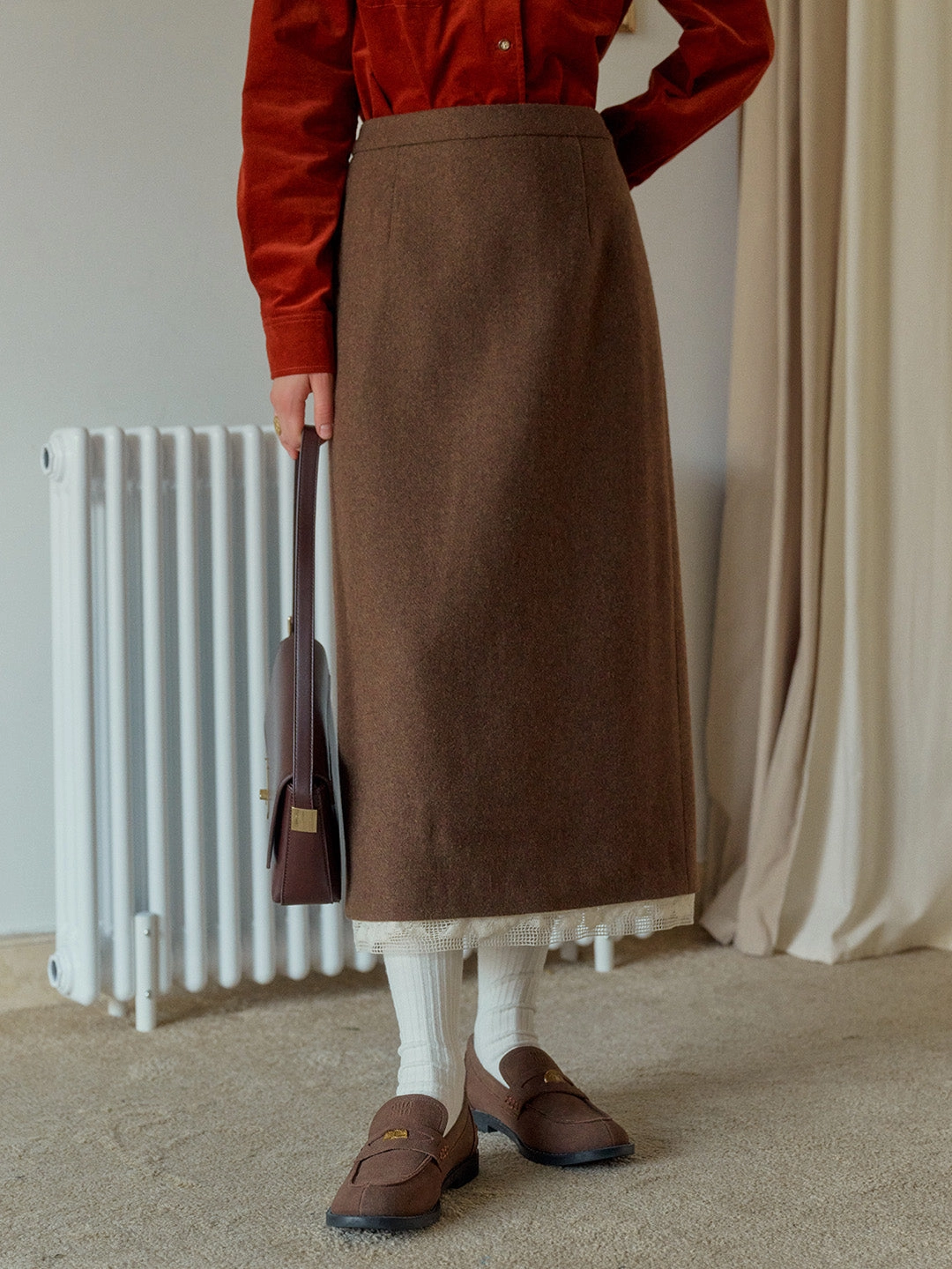 Nala Lace Stitching Brown Pocket Wool Skirt Frayed hem Trendy Layering