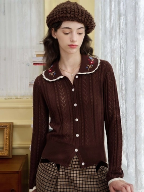 Mind Glow ??Final Sale??Shay Peter Pan Collar Embroidered Contrast Cutout Cardigan